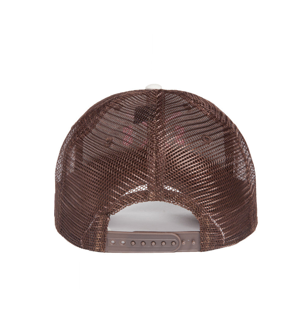 Outdoor Hats, White and brown mesh back hat, light pink logo